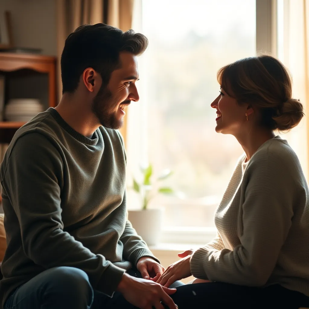 A couple sitting face to face in a cozy living room, engaging in a heartfelt conversation. One partner is speaking passionately, while the other listens intently. Natural light streams in through a window, enhancing the warm, intimate setting.