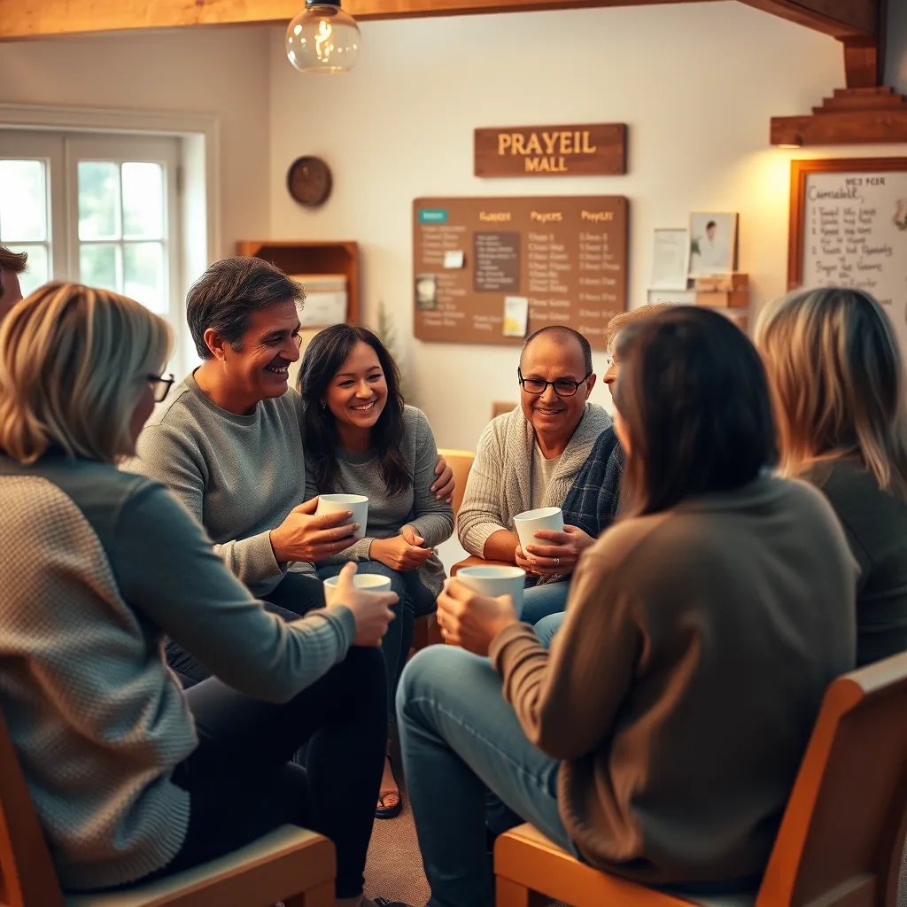 A cozy church group gathered in a circle, engaged in a heartfelt discussion. Friends comforting each other, sharing prayers, and smiling while holding coffee mugs. The room is warmly lit with soft, inviting colors, and there are elements of community such as a communal prayer board.
