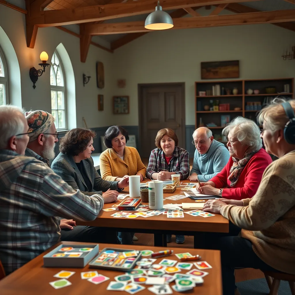 A cozy church hall where a diverse group of adults are engaged in a small group discussion. Stickers and art supplies are scattered on a table, and the room is decorated with comforting colors, promoting a sense of community and connection.