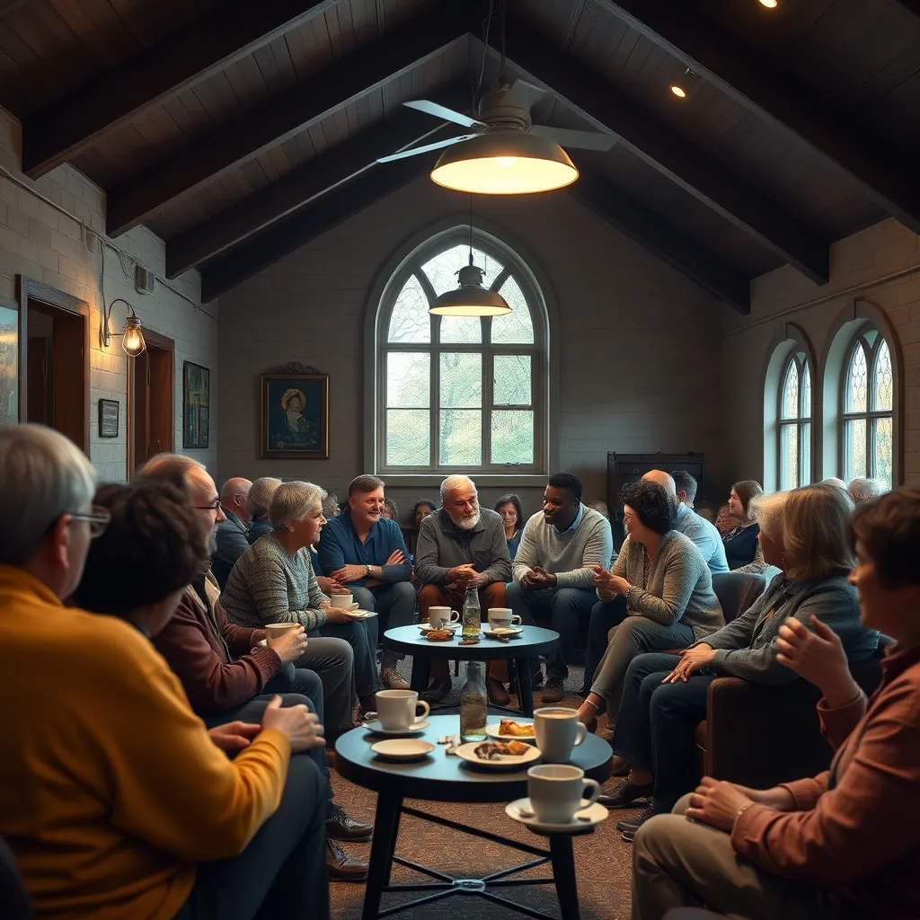 A cozy gathering in a church basement or fellowship hall with small groups of diverse individuals engaged in heartfelt discussions, sharing stories and laughter over coffee and snacks, highlighting a sense of community and warmth.