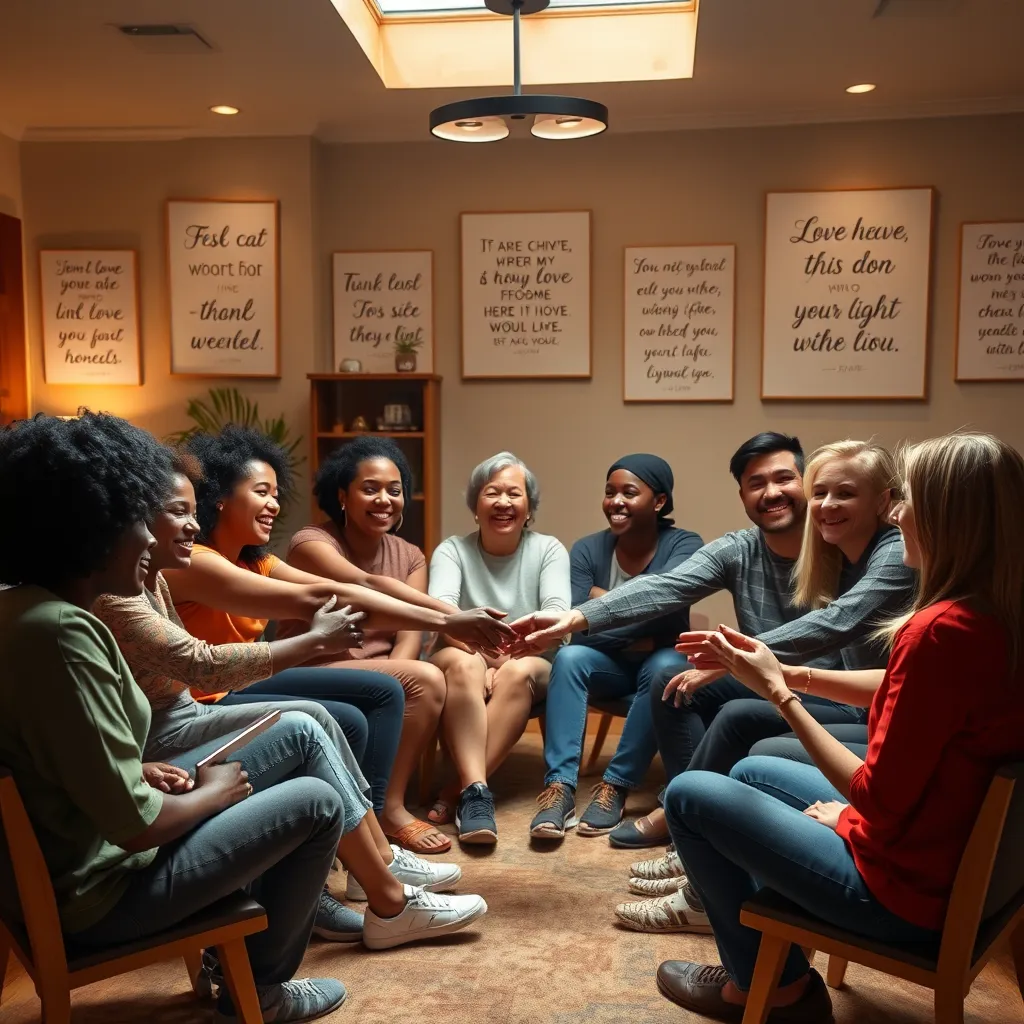 A cozy gathering of diverse friends sitting in a circle, holding hands with smiles. They are in a warmly lit room, with meaningful Bible verses displayed on the walls, representing unity, support, and love. The atmosphere is inviting and encouraging.