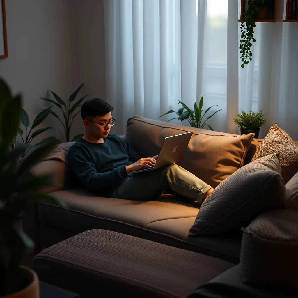 A cozy home environment featuring a person sitting on a comfortable couch with a laptop, engaged in an online therapy session. A peaceful atmosphere with plants, cushions, and dim lighting enhances the sense of security and comfort.