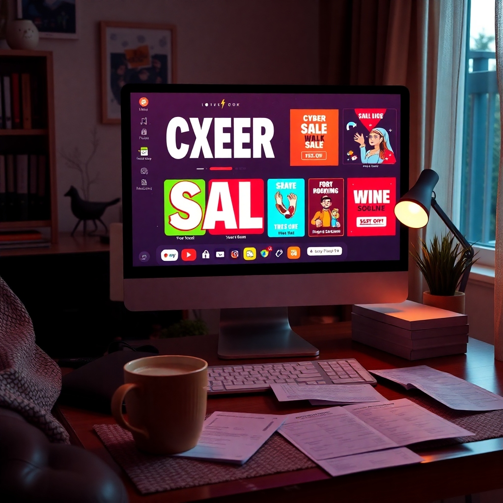 A cozy home office lit softly, showcasing a computer screen displaying vibrant, eye-catching online sale banners for Cyber Week. A coffee cup and shopping lists lay scattered around, representing an excited consumer shopping from home.