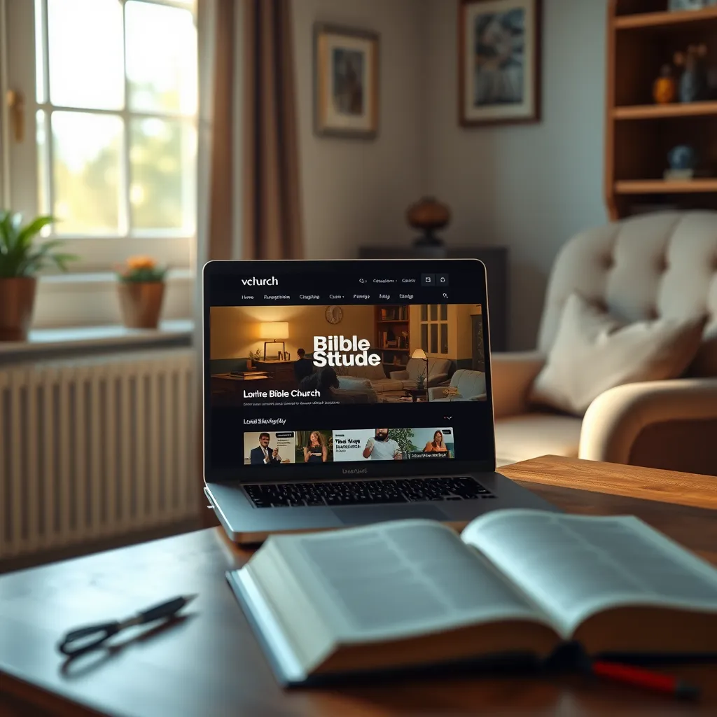 A cozy home office setting featuring a laptop open to a local church's website showing an online Bible study session. Include a window with sunlight streaming in, a comfortable chair, and a Bible on the desk, creating a warm and inviting atmosphere.