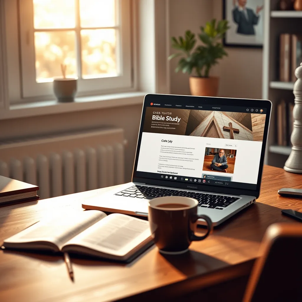 A cozy home office setting with a laptop displaying a church website featuring Bible study information. Include a cup of coffee on the desk, with a Bible open beside the laptop, and sunlight streaming through a nearby window.