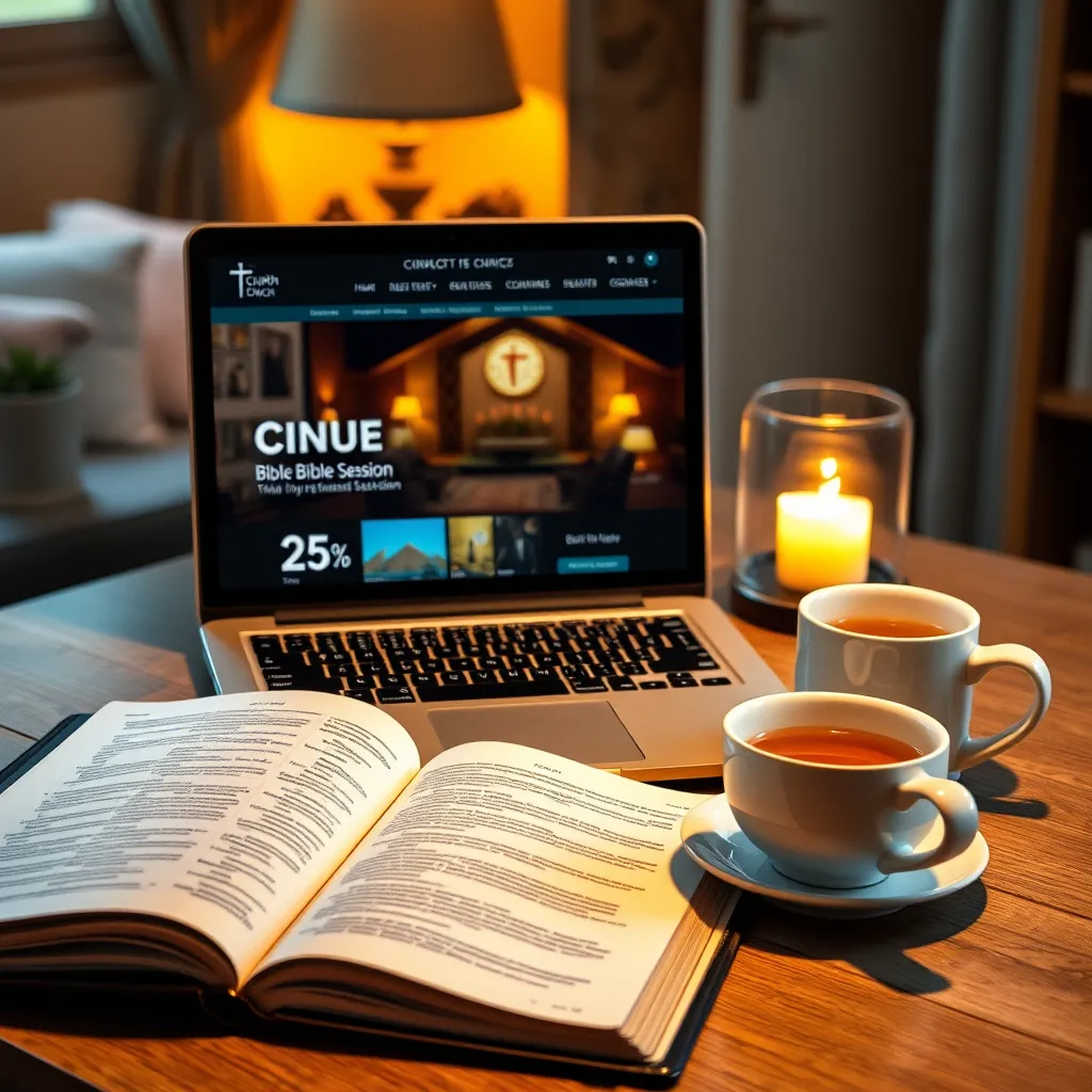 A cozy home office setup with a laptop displaying a church's website featuring an online Bible study session. The setting should have warm lighting, a Bible open beside the laptop, and a cup of tea, embodying comfort and learning.