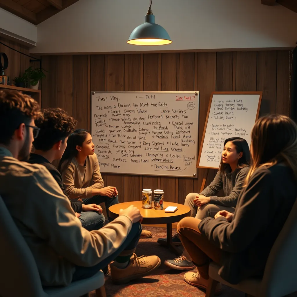 A cozy indoor setting with young individuals of various backgrounds gathered in a circle, engaged in a deep discussion with a whiteboard filled with thoughts and ideas, warm lighting creating an inviting atmosphere, fostering an environment of exploration and faith.
