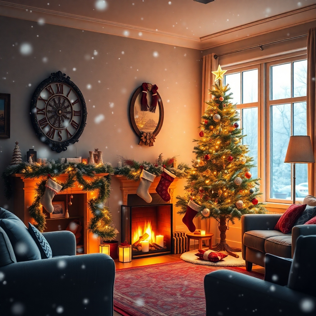 A cozy living room decorated for Christmas, featuring a beautifully lit Christmas tree adorned with ornaments, stockings hung over a fireplace, and soft warm lights casting a magical glow. Outside, snowflakes fall gently from the sky, creating a quintessential holiday atmosphere.