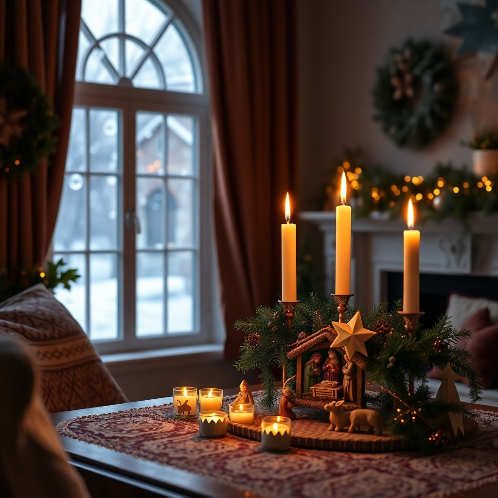 A cozy living room scene decorated for Advent, featuring an Advent wreath with four candles lit, a nativity scene, and a window showing gently falling snowflakes outside, conveying warmth and anticipation for Christmas.