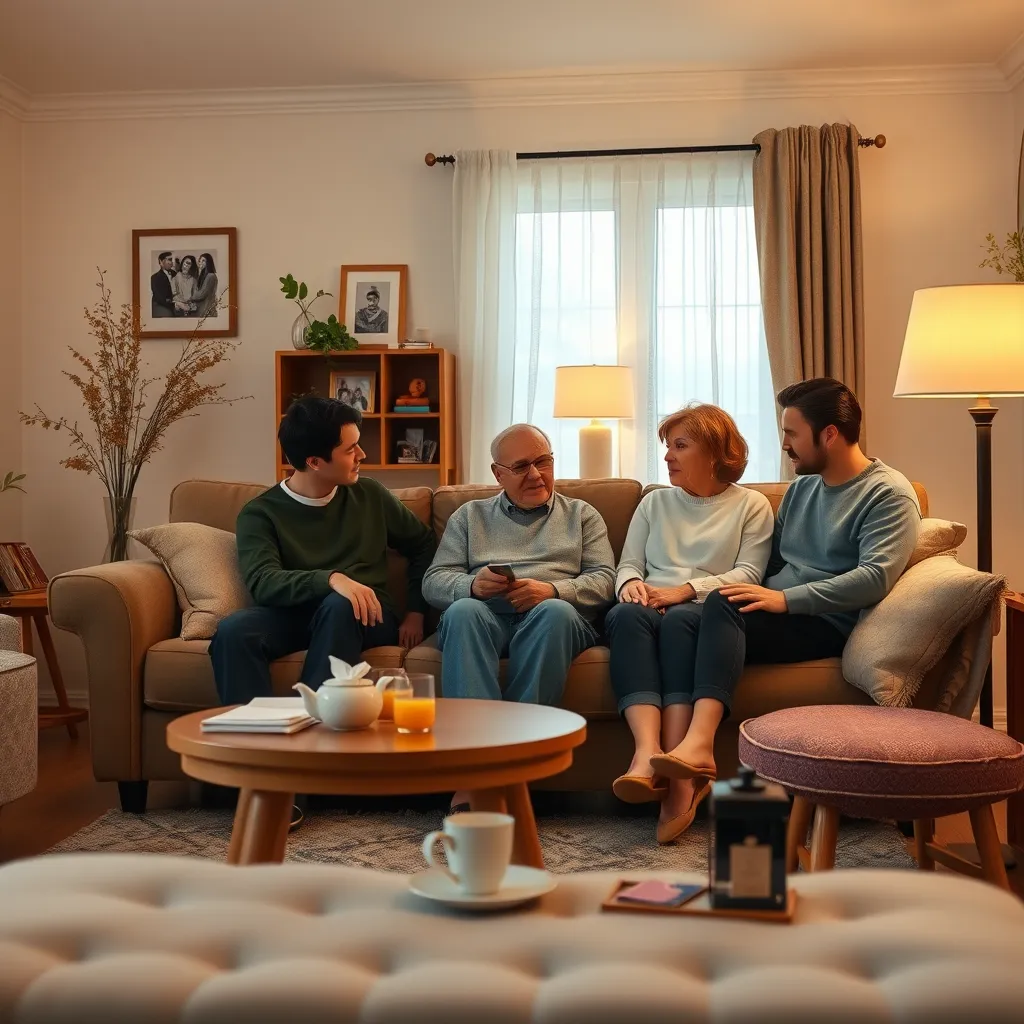 A cozy living room with soft lighting, comfortable furniture, and a warm atmosphere. A person is sitting on the couch, surrounded by supportive friends who are listening empathetically. Display comforting objects like tissues, tea, and family photos to symbolize a safe space.