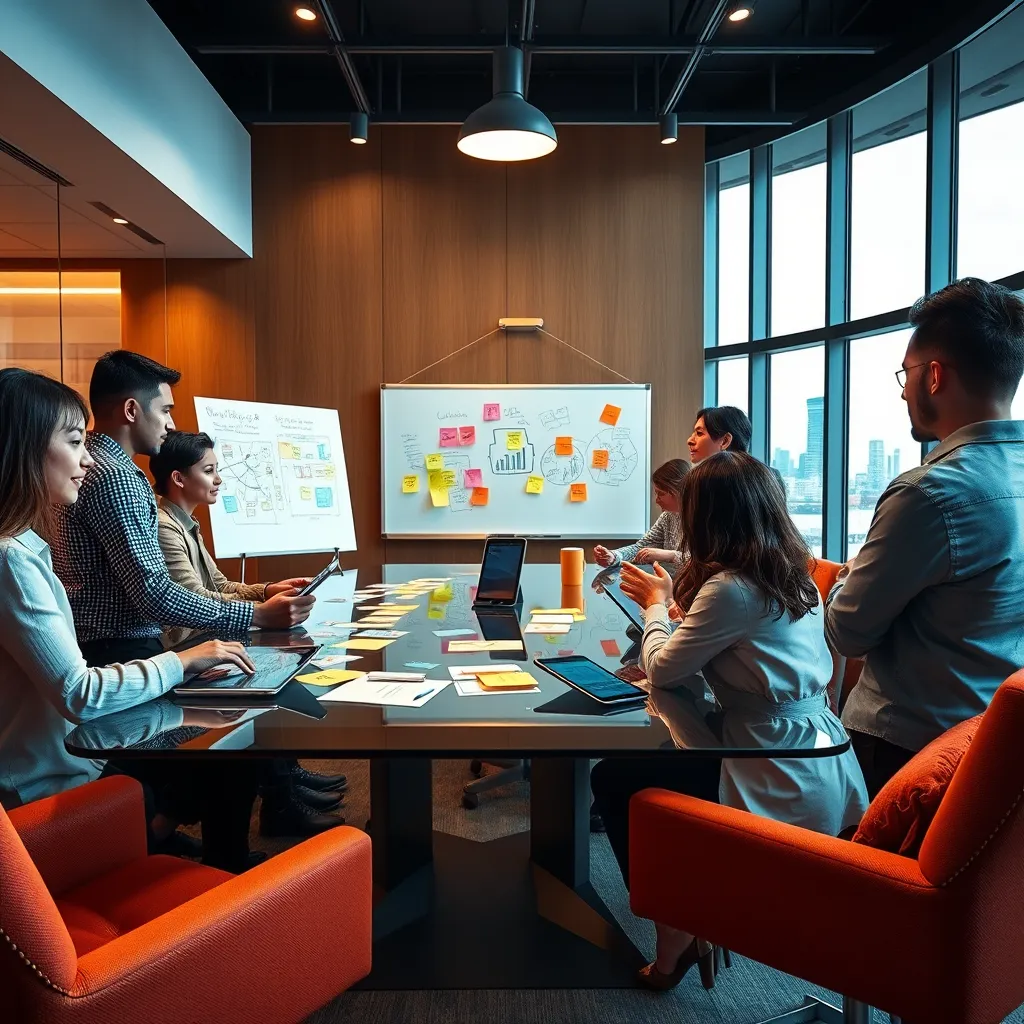 A creative brainstorming session in a modern conference room, where a diverse team is gathered around a large glass table filled with digital tablets and notes. The room features dramatic side lighting that highlights a whiteboard filled with colorful sticky notes and diagrams. The color palette combines warm earthy tones with pops of vibrant colors, creating an inspiring and collaborative ambiance. The camera angle is slightly elevated to capture the expressions of teamwork and innovation. Detailed textures such as glass surfaces and fabric upholstery are evident, with a large window revealing a city skyline in the background, embodying a productive atmosphere. The image should be ultra-high quality, in 8K resolution.
