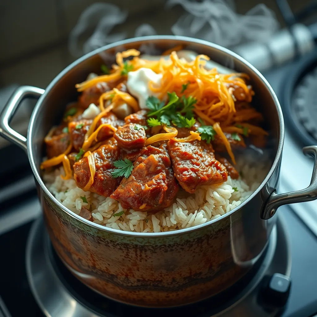 A cross-sectional view of a pot, showing distinct layers of marinated meat, partially cooked basmati rice, golden fried onions, fresh herbs, and a splash of saffron-infused milk. The pot should be on a stovetop, with visible steam indicating slow cooking.