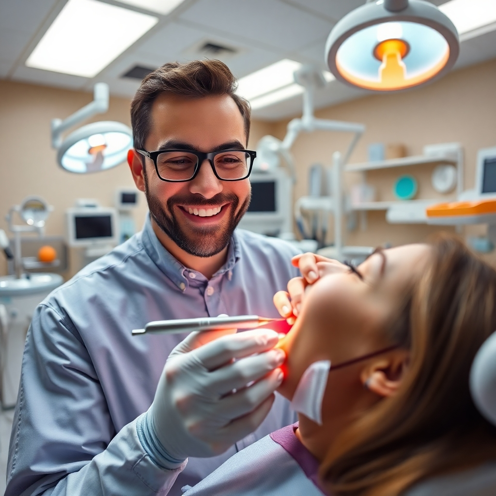 A dental treatment room featuring diverse dental tools and equipment ready for various procedures. In the foreground, a smiling dentist is examining a patient's teeth, demonstrating compassion and professionalism with bright lighting and comforting colors in the room.