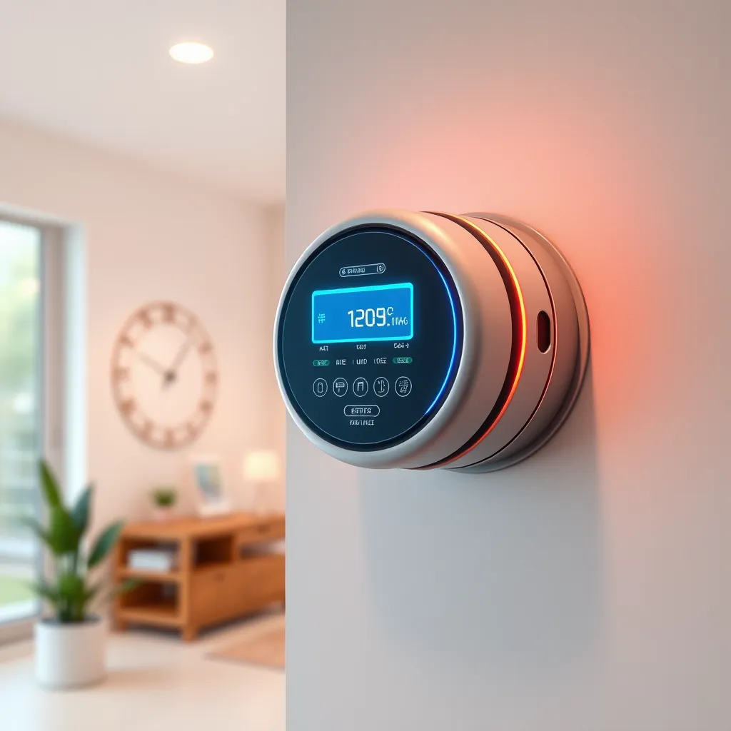 A detailed illustration of a modern smart meter installed on a residential wall, showing data transmission to a digital display. Include visual elements representing data flow, such as glowing lines or graphs, in a bright and modern home setting, with ambient lighting.