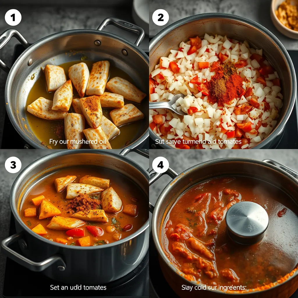 A detailed image depicting the step-by-step cooking process of Macher Jhol: frying fish pieces in a pan with mustard oil, sautéing chopped onions and tomatoes in a separate pan, adding spices like turmeric and cumin, and then simmering all ingredients together in a pot with a lid.