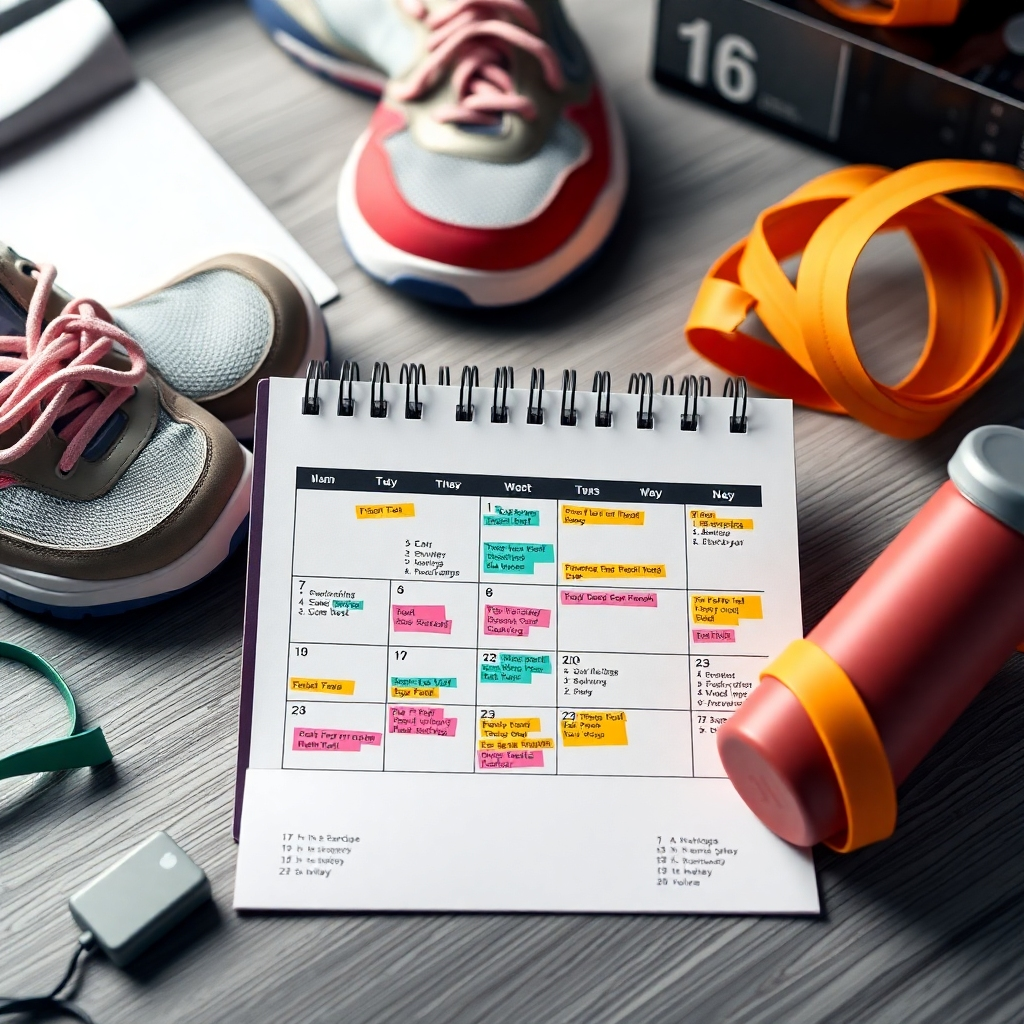 A detailed image of a calendar on a desk with a colorful, personalized exercise schedule, surrounded by fitness gear like sneakers, resistance bands, and a water bottle, capturing the essence of planning and organization in fitness.