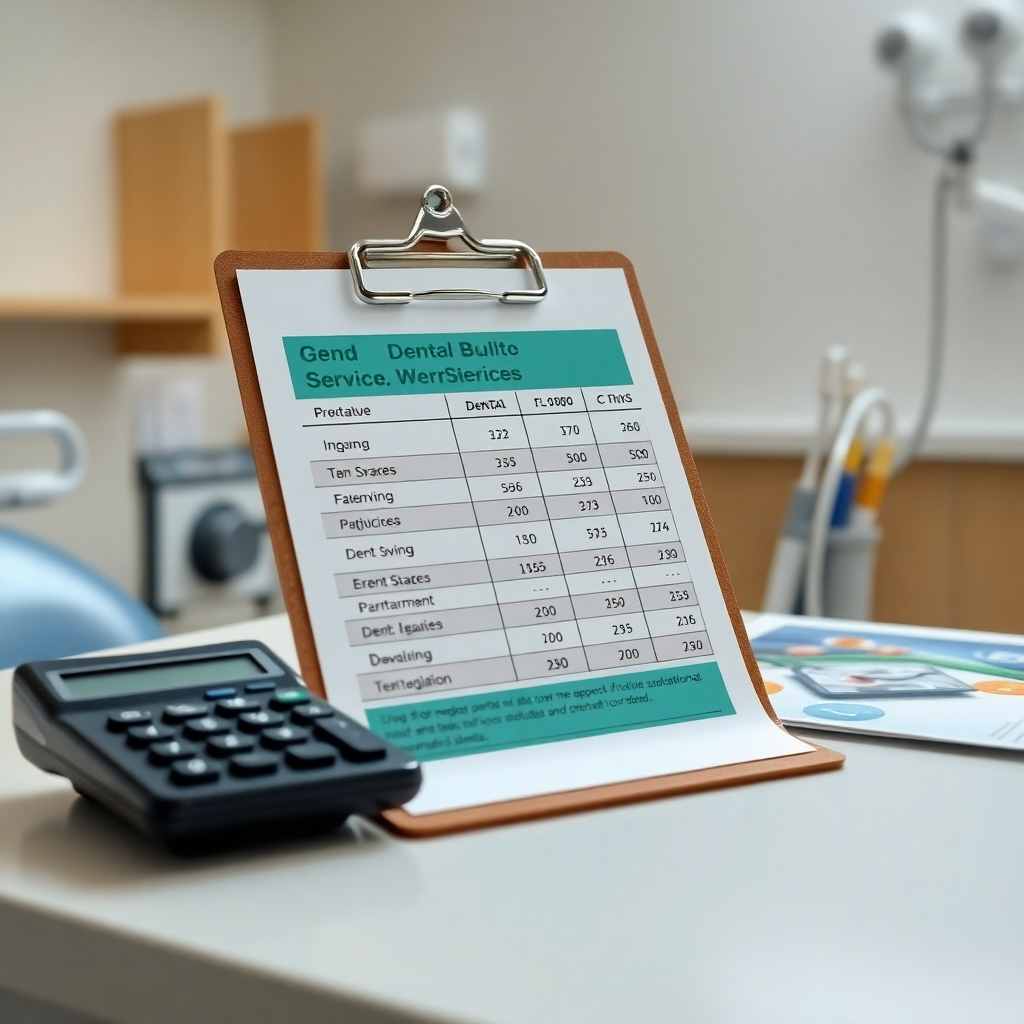A detailed image of a clipboard displaying a pricing chart for various dental services. Include a calculator and some dental brochures on a desk in a clinic, with soft lighting that conveys a professional yet approachable setting.