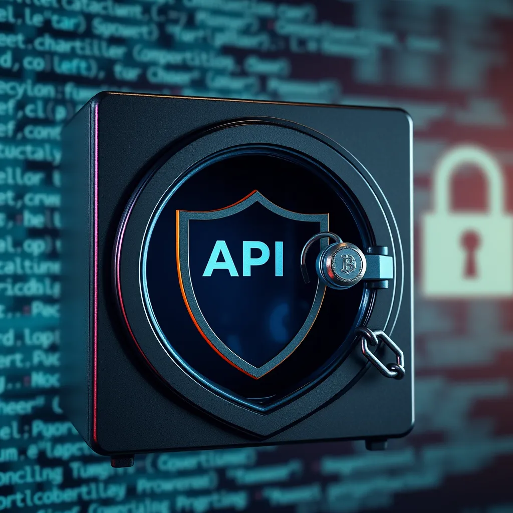 A detailed image of a digital safe with an API key inside, surrounded by a shield depicting security. In the background, blurry computer code, and data protection icons like a padlock and chains, emphasizing safe storage practices.