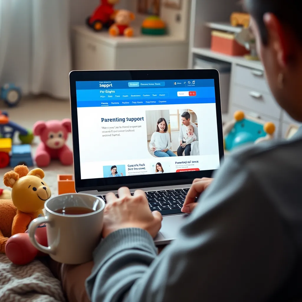 A detailed image of a parent using a laptop at home, surrounded by children's toys. The screen displays a vibrant parenting support website. A comforting environment includes a warm cup of tea beside the laptop, reflecting a sense of ease and accessibility.