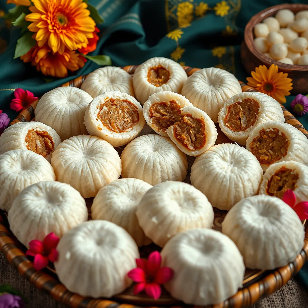 A detailed image of various Pithe rice cakes arranged on a traditional Bangladeshi platter. The cakes should have different shapes—round, half-moon—with visible fillings like coconut and jaggery. Surround the platter with festive decorations like fresh flowers and traditional fabric, highlighting a celebratory atmosphere.