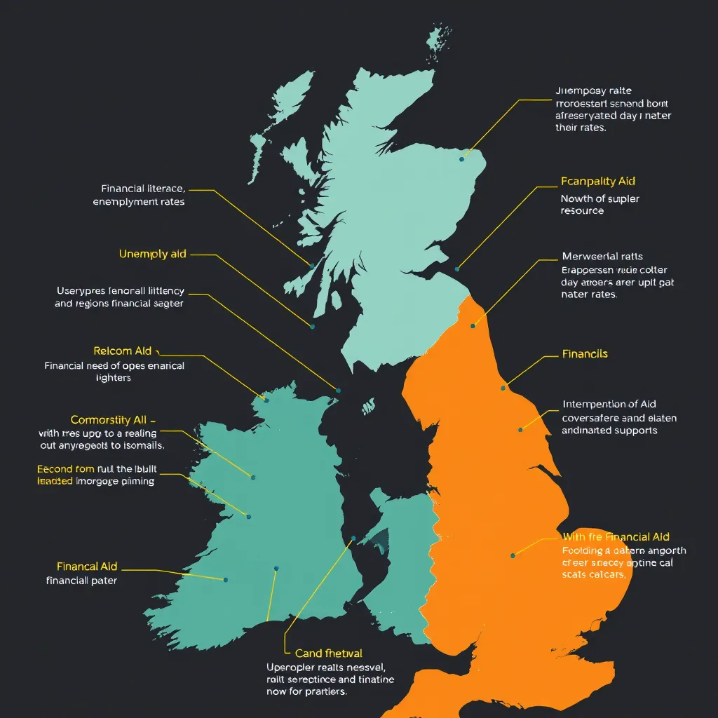 A detailed map of the UK infographics showcasing different regions with arrows, showing varying levels of financial literacy and unemployment rates. Use contrasting colors to highlight areas of high need for financial support, with icons representing financial aid resources.