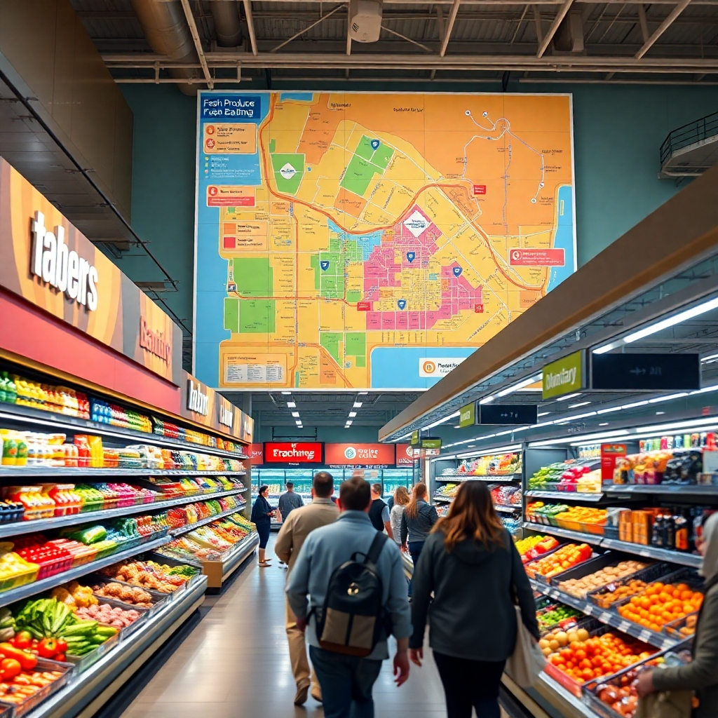 A detailed, photorealistic image of a supermarket interior, showcasing a colorful store map prominently displayed on the wall. The image should show shoppers navigating through bright aisles filled with various products, with clear signage indicating different sections like fresh produce, dairy, and bakery.