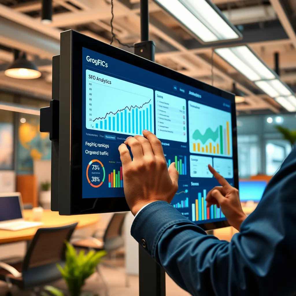 A detailed SEO analytics report being examined on a large touchscreen interface. The report displays various metrics like organic traffic, keyword rankings, and SEO scores. The setting is a vibrant office with modern technology and an air of productivity.