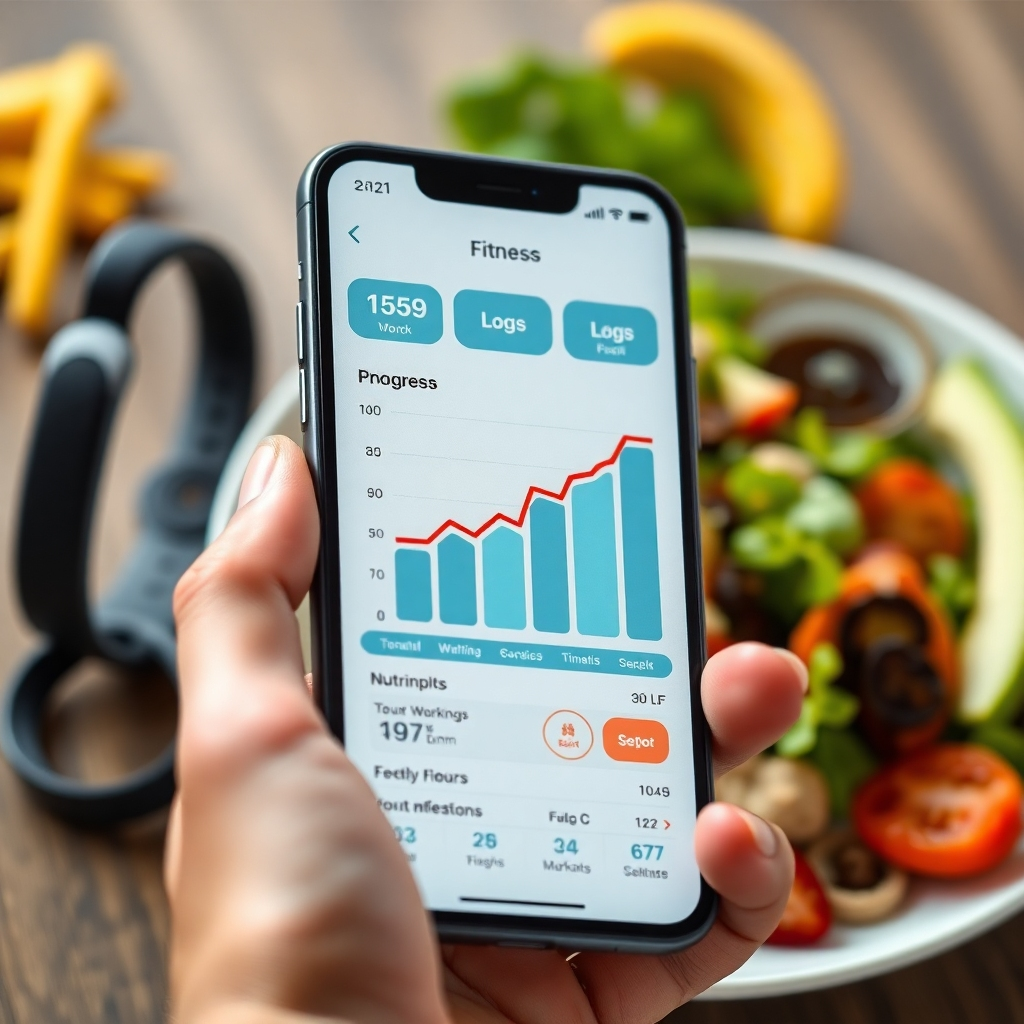 A detailed view of a fitness app interface displaying charts and logs of a person’s workout and nutrition progress on a smartphone, with a bar graph trending upwards. The background should include a fitness tracker and a healthy meal plate for emphasis.