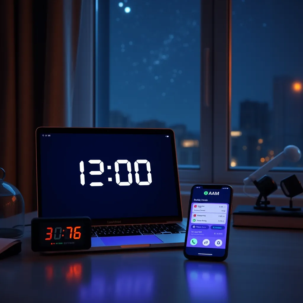 A digital clock showing 3:00 AM, with a laptop and a smartphone on a desk. The devices display a vibrant booking interface actively assisting a user. The setting is cozy, with dim lighting and a window showing a starry night outside.