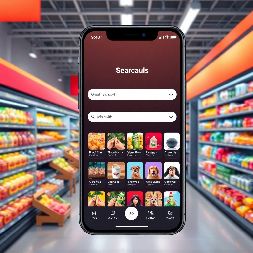 A digital illustration of a user-friendly supermarket mobile app interface, showcasing a search bar with results highlighting various aisles and products. The background features a realistic supermarket layout with well-organized shelves and vibrant product packaging.