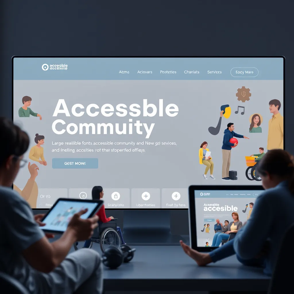 A digital interface showcasing an accessible community website, featuring large readable fonts, high contrast colors, and supportive icons like wheelchairs and hearing aids. The background should include diverse users engaging with the site on different devices, illustrating inclusivity.