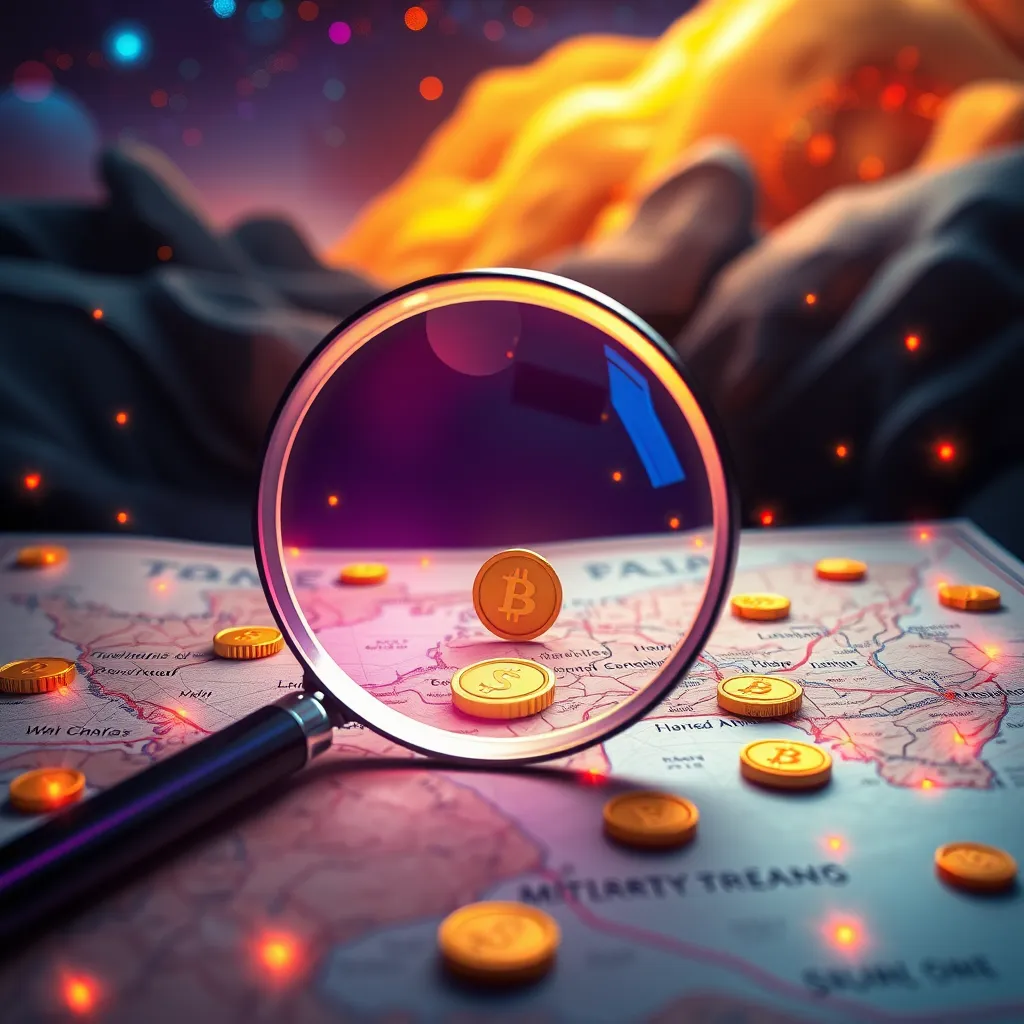 A digital landscape featuring a magnifying glass over a treasure map filled with hidden keywords represented as gold coins, symbolizing the discovery of niche opportunities. The setting is futuristic, with vibrant colors and glowing data points surrounding the map.