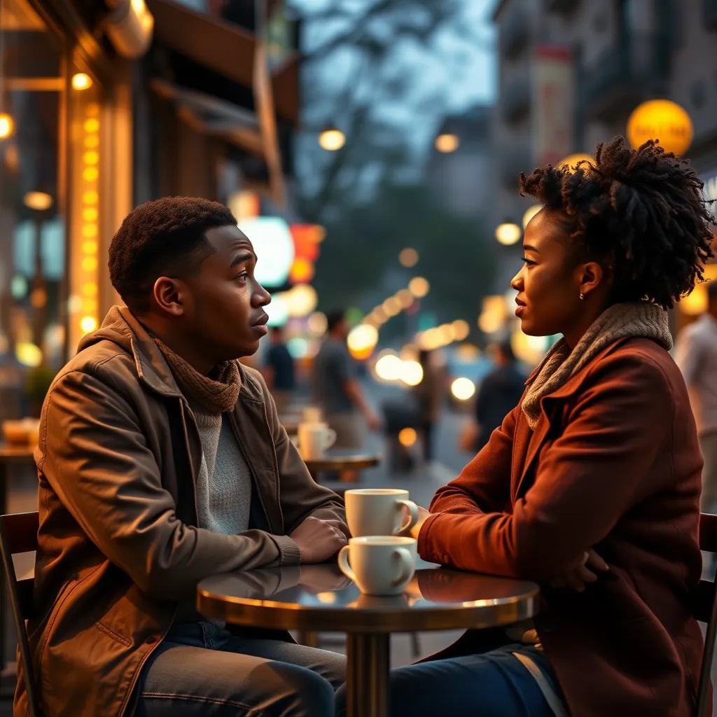 A diverse couple sitting at a small café table, looking at each other with concerned expressions. The scene captures a lively urban environment, with soft golden light illuminating their faces, symbolizing the difficulty of communication in relationships. Include a coffee cup on the table and a warm atmosphere.