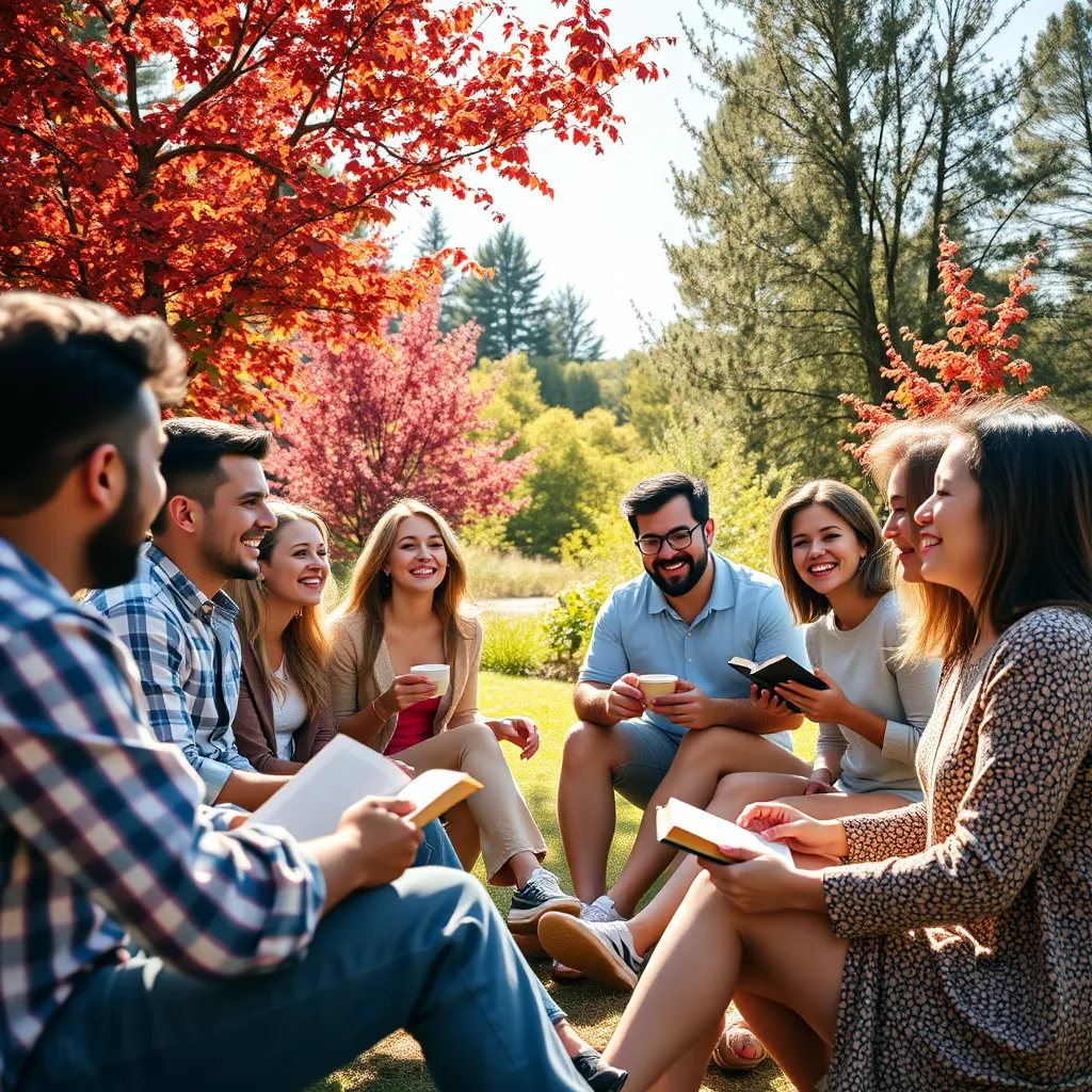 A diverse group of Christian young people sitting in a circle outdoors, sharing laughter and conversation, vibrant trees and greenery in the background, some holding Bibles, others drinking coffee, radiating warmth and fellowship under a bright, sunny sky.