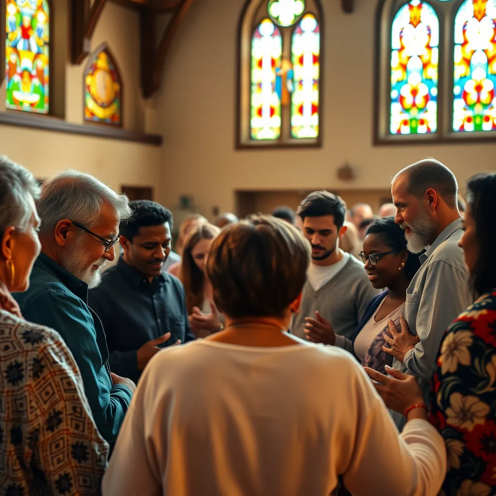 A diverse group of church members, from various ethnic backgrounds, engaged in a lively prayer circle inside a brightly lit church. The atmosphere is warm and inviting, with stained glass windows casting colorful light on the participants as they connect with one another in faith.
