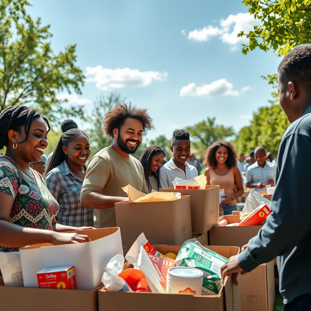  A diverse group of church members engaging in community service outdoors, participating in a food drive with boxes of donations. They are smiling and working together under a sunny sky, surrounded by green trees and community members receiving help.