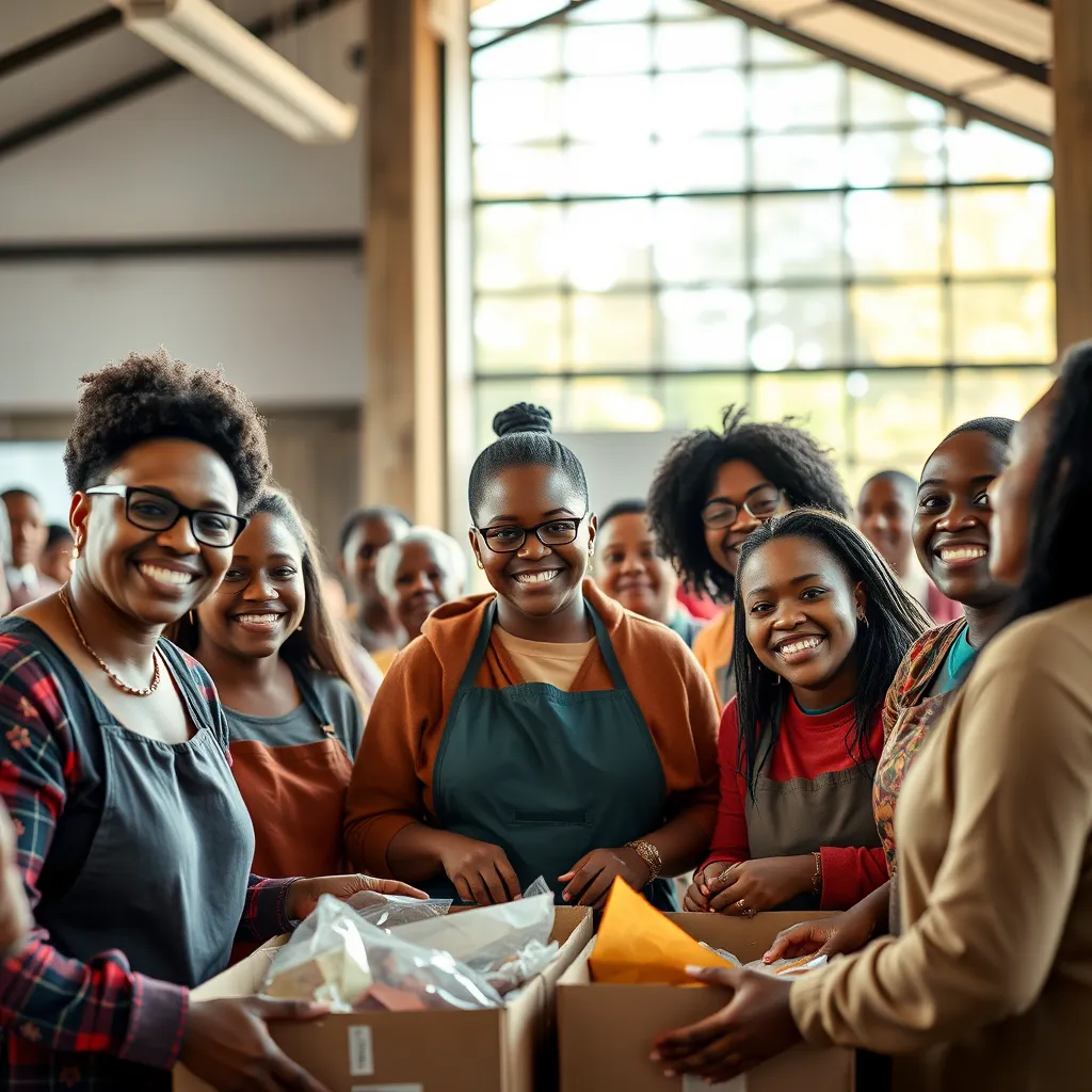 A diverse group of church volunteers working together on a community service project, such as distributing food or helping at a local shelter. Bright smiles, teamwork, and vibrant visuals of community engagement reflect the compassion and love derived from shared faith.
