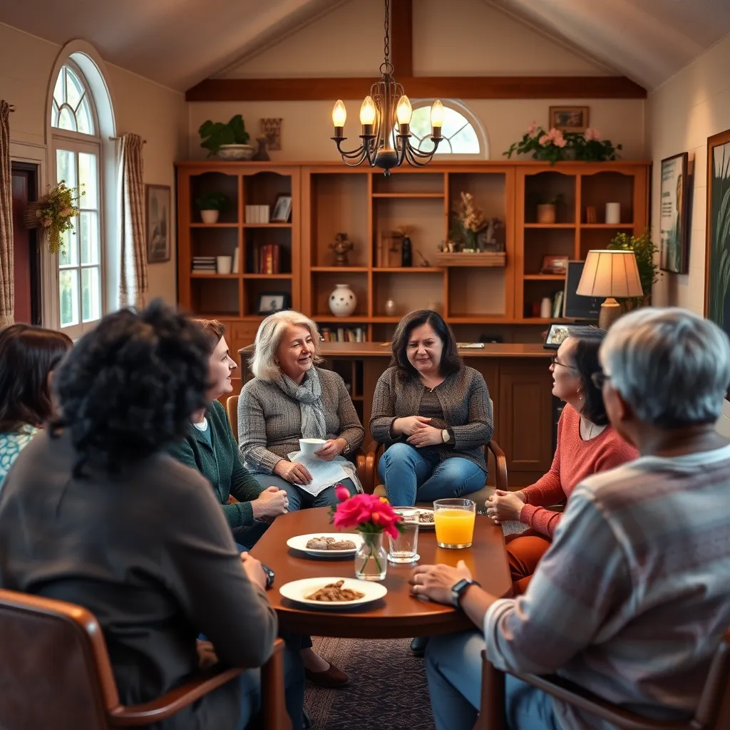 A diverse group of couples gathered in a cozy church community room, sharing stories and supporting each other. The atmosphere is warm and welcoming, with uplifting decor, light refreshments on a table, and a pastor or counselor leading the discussion.