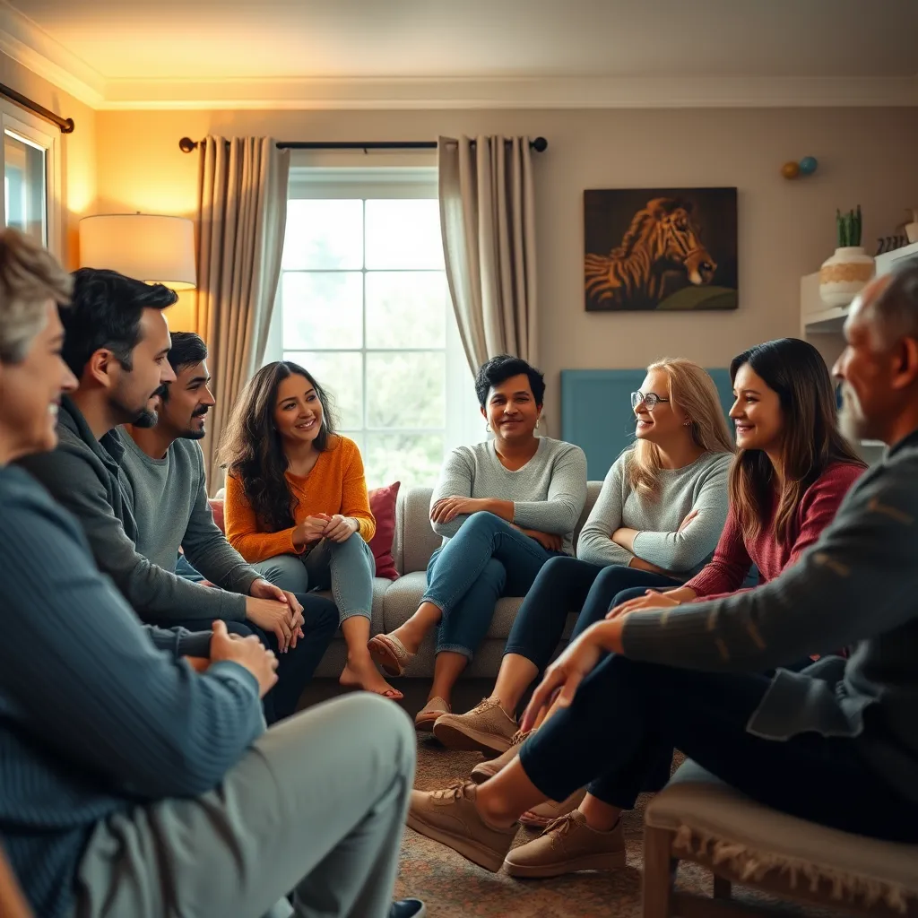 A diverse group of individuals sitting in a circle in a cozy room, engaged in a supportive discussion. Each person expresses empathy, with facial expressions conveying understanding and solidarity. Soft lighting and warm colors create an inviting atmosphere.