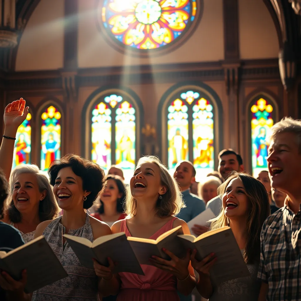A diverse group of individuals of various ages and backgrounds joyfully singing together in a beautifully decorated church. The scene captures vibrant sunlight streaming through stained glass windows, casting colorful patterns on the attendees. Some are raising their hands in worship, others are holding hymn books.