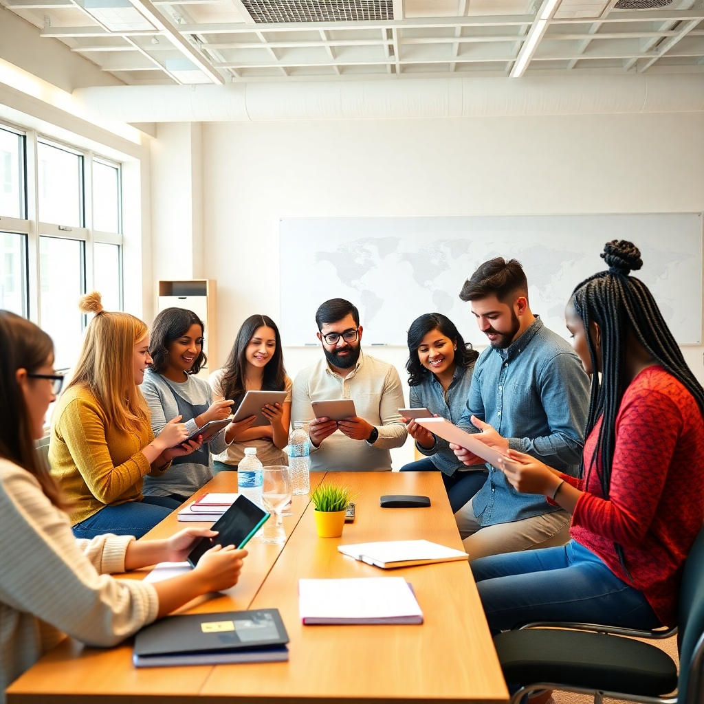 A diverse group of individuals in a bright, modern classroom engaged in a personal development workshop. They are interacting with digital tablets and notebooks, showcasing enthusiasm and curiosity. Bright colors and a welcoming environment reflect the theme of growth and learning.