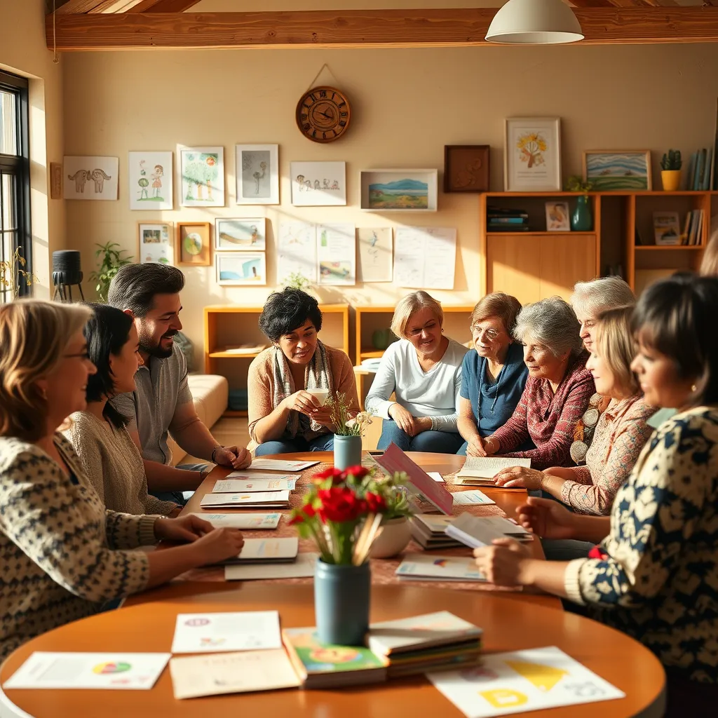 A diverse group of parents gathered in a warm community center, sharing stories and advice in an engaging atmosphere. Tables with pamphlets of parenting resources, children's artwork on walls, and a cozy, inviting space filled with natural light.