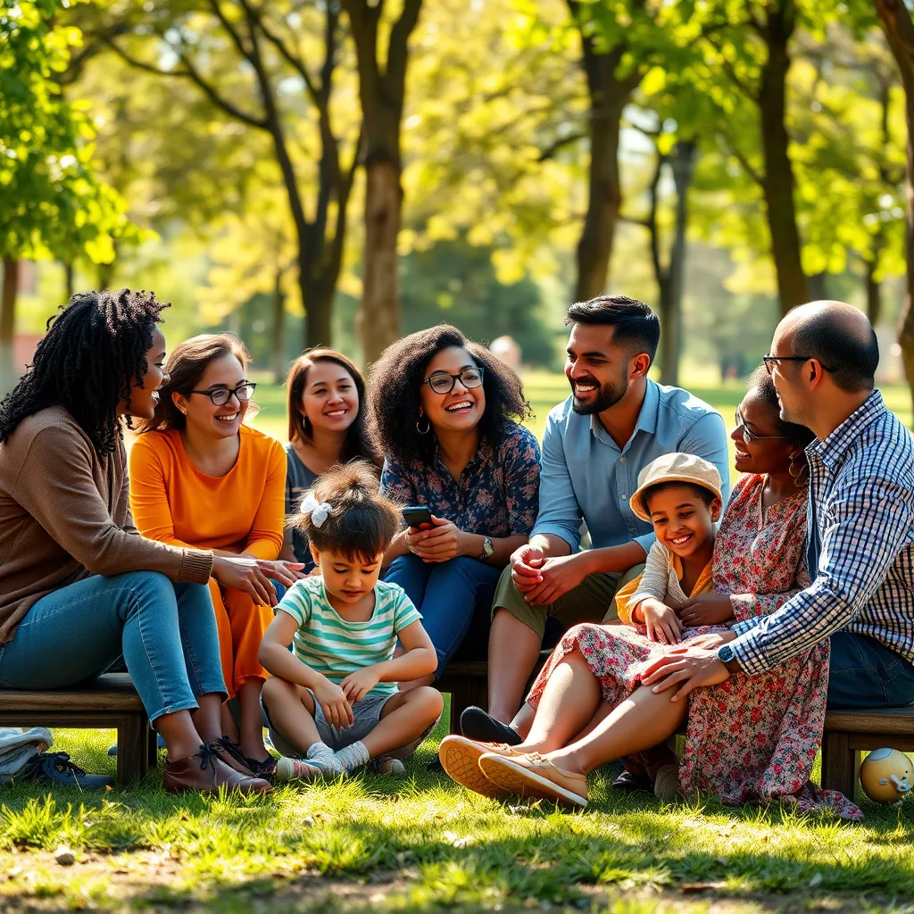 A diverse group of parents sitting together at a park during a sunny day, engaging in conversation and laughter. Some have children playing nearby; others are sharing experiences with each other. The scene is vibrant and uplifting, depicting the unity and strength found in a supportive community for parents.