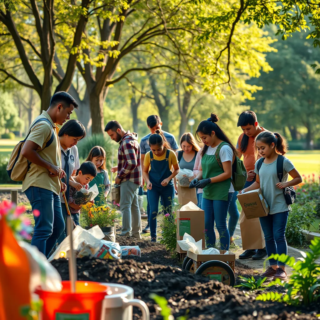 A diverse group of people, including families and volunteers, coming together in a park for a community service day. They are picking up litter, planting flowers, and organizing food donations in a vibrant, sunny atmosphere, showcasing teamwork and community spirit.