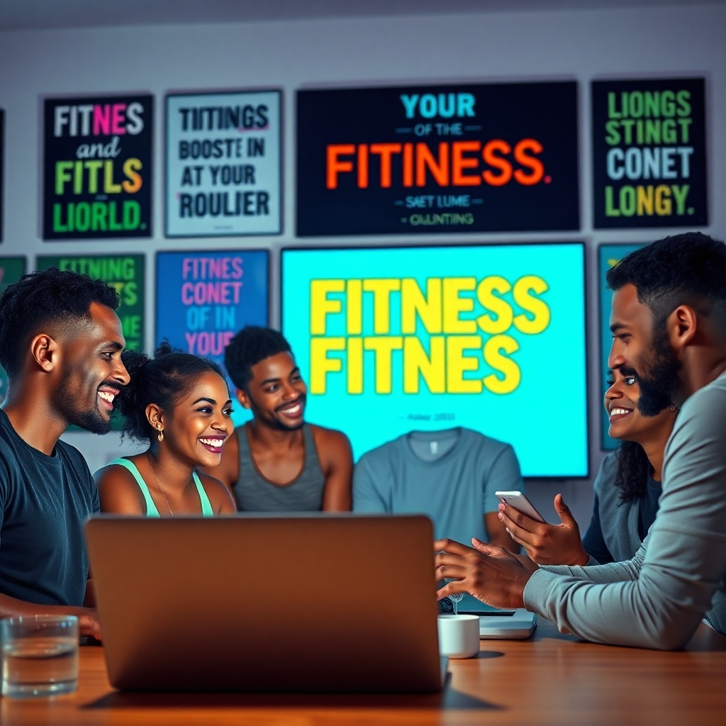 A diverse group of people engaging in an online discussion about fitness through a laptop, surrounded by inspirational fitness posters and colorful motivational quotes. Some are smiling, showing enthusiasm and support for each other.