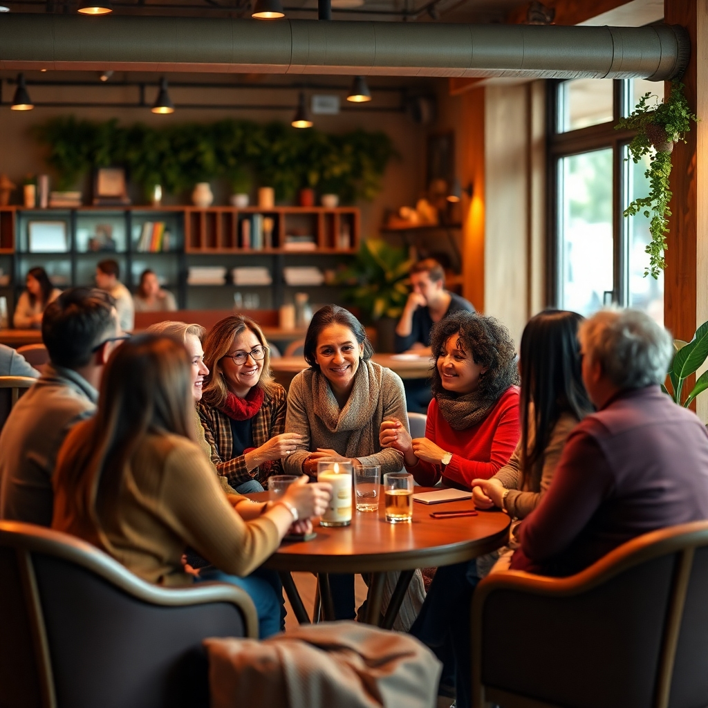 A diverse group of people engaged in a supportive circle, sharing their goals and experiences. Include a backdrop of a cozy café, with warm lighting and cozy seating, creating a welcoming atmosphere.