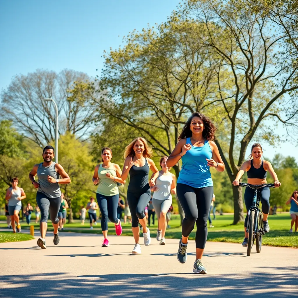 A diverse group of people engaged in various physical activities in a sunny park, including jogging, yoga, and cycling. Show a positive, energetic atmosphere with trees, a clear blue sky, and people smiling, showcasing fitness and health.