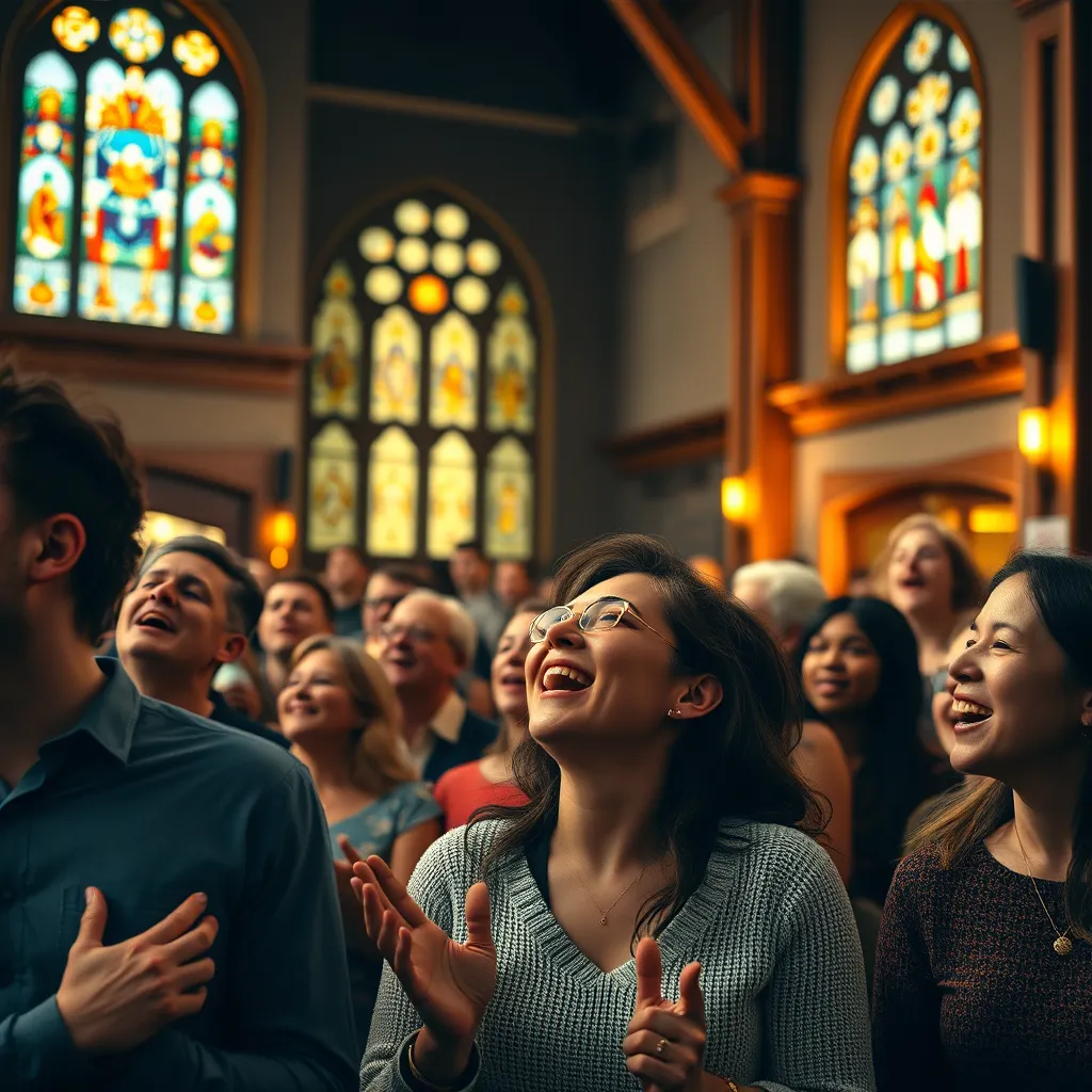A diverse group of people gathered in a church, joyfully singing together during a worship service. The atmosphere is filled with warmth and light, showcasing various ages and backgrounds, with stained glass windows illuminating the scene.
