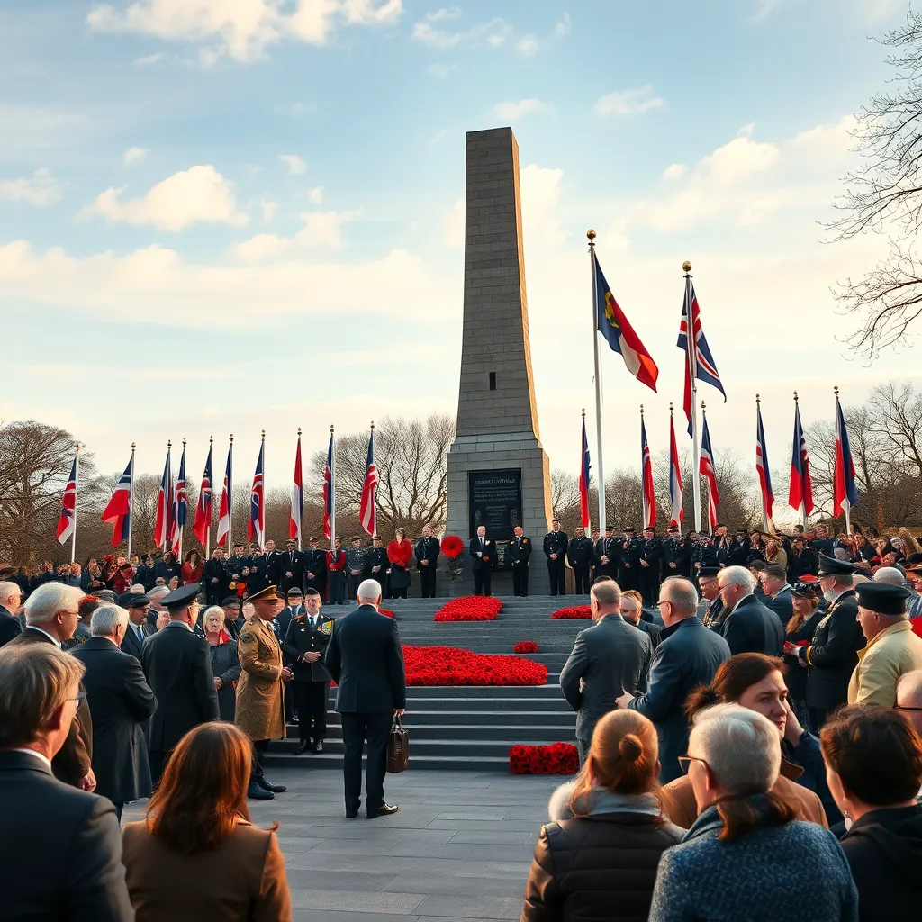 A diverse group of people gathered at a war memorial during a Remembrance Day ceremony. Include national flags, veterans in uniform, and participants wearing poppies, with a clear sky overhead and soft lighting to convey a sense of unity and respect.