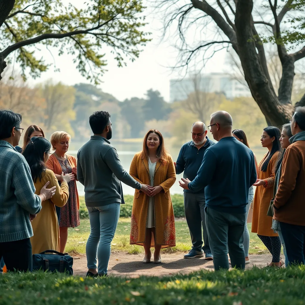 A diverse group of people in a peaceful park, holding hands in a circle, with eyes closed, praying together. The background includes trees and a calm lake, conveying unity and collective strength through prayer.